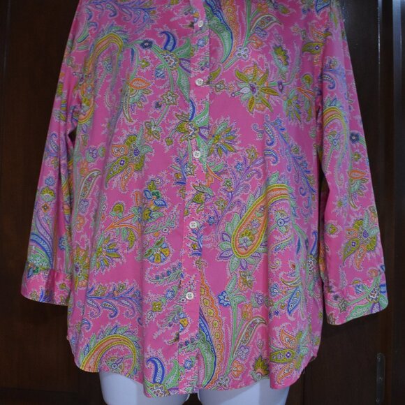 Lauren Ralph Lauren Blouse L Neon Pink Paisley Cotton Button Up Resort Chic - Picture 11 of 15